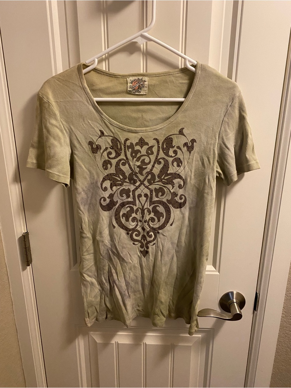 Vintage Skinny Minnie L Top Tie Dye Rhinestone Blouse Short Sleeve Shirt Large L